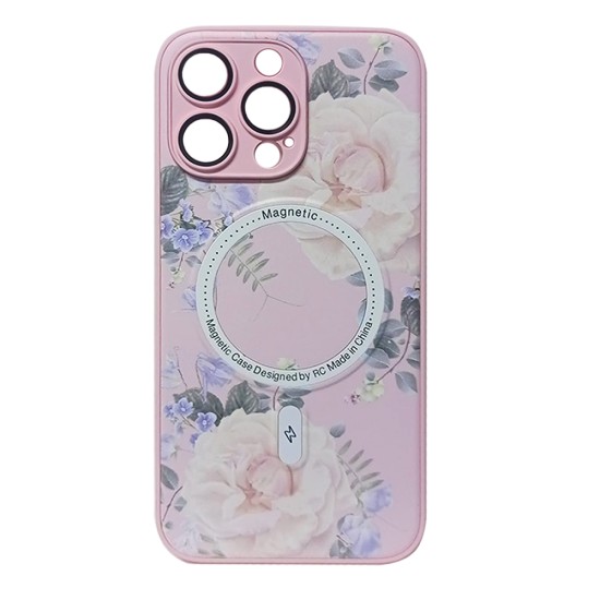 Capa Magnética com Desenho de Flores para Apple iPhone 14 Pro Max Rosa